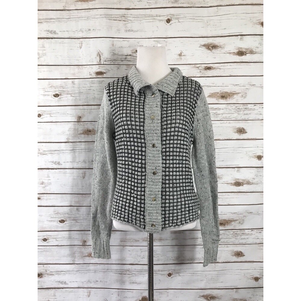 Cabi #3006 S Sweater‎ Long Sleeve Snap Front Gray Black Cardigan twee minimalist